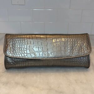 Ann Taylor LOFT purse silver metallic crocodile-embossed envelope clutch bag